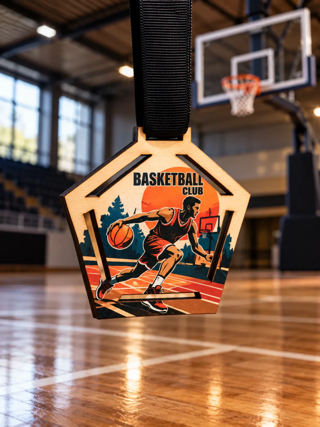 Médaille en bois imprimée en couleurs, modèle Basketball Club