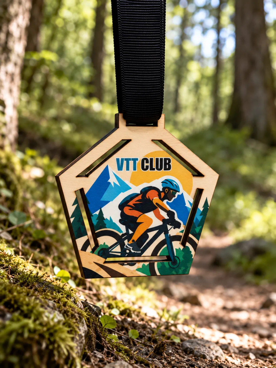 Médaille en bois imprimée en couleurs, modèle VTT Club
